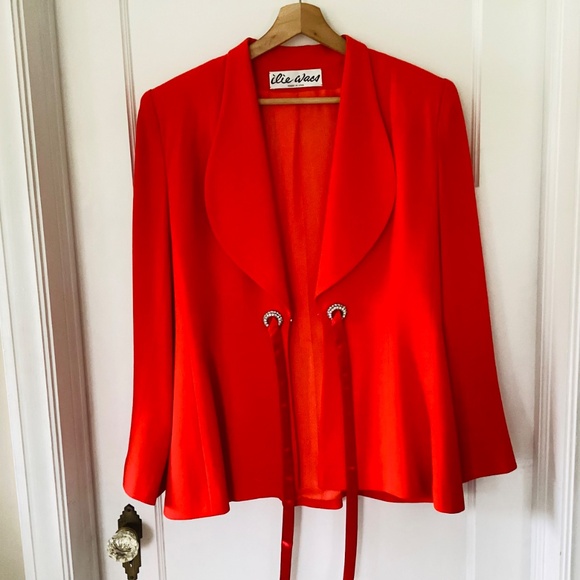 VTG Designer ilie Wacs Red Skirt Suit Rhinestone Tie Front Blazer Size 10 USA - Picture 12 of 14